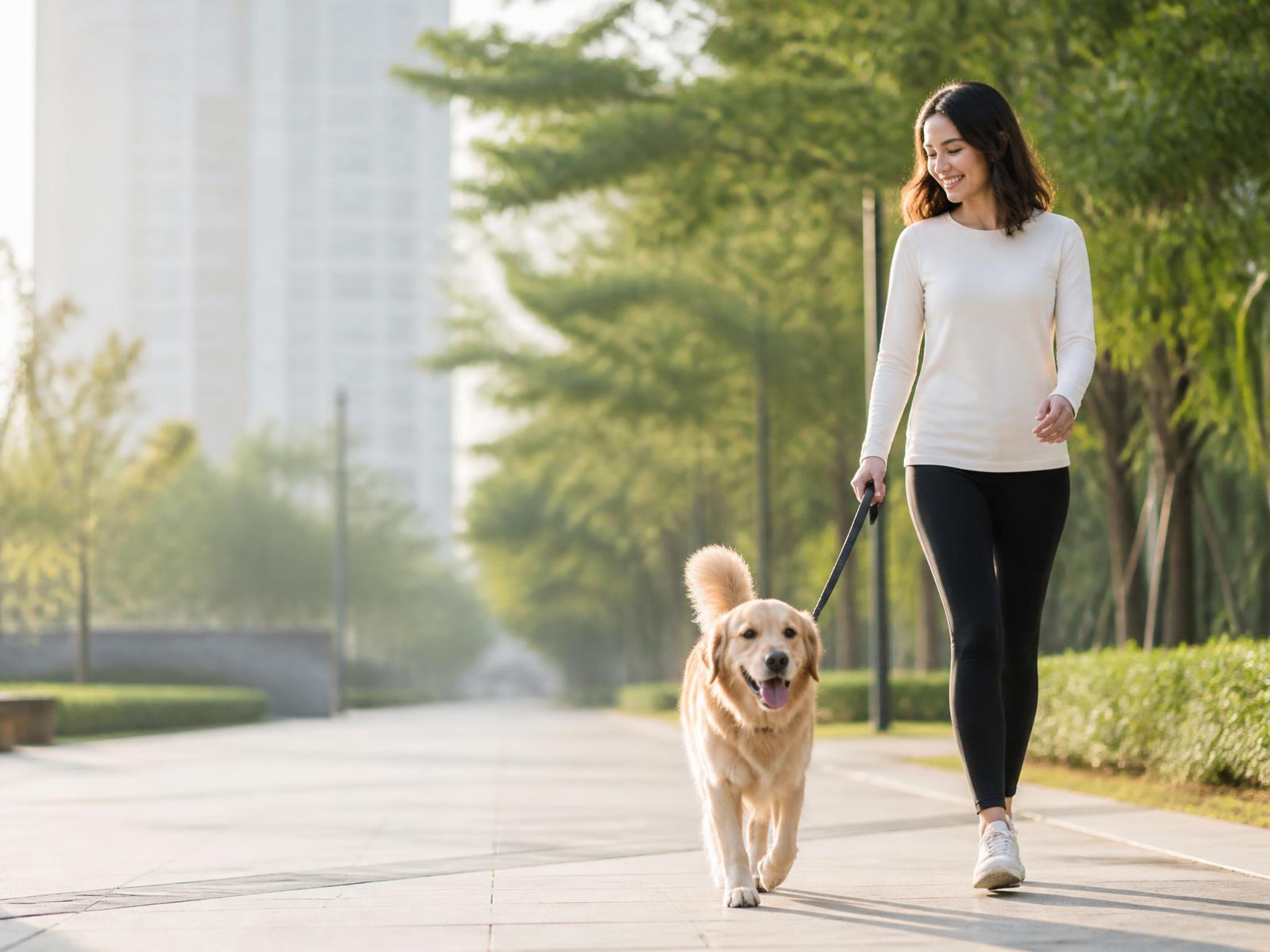 Dog walker on a morning walk with a golden labrador in a city park